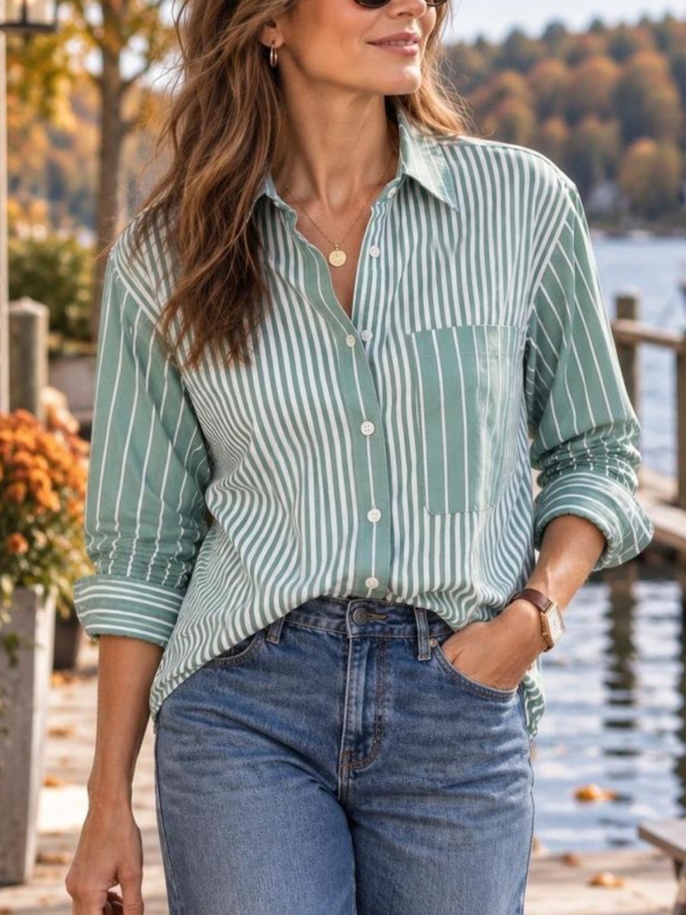 Abercrombie & Fitch Green and White Striped Button-Down Shirt